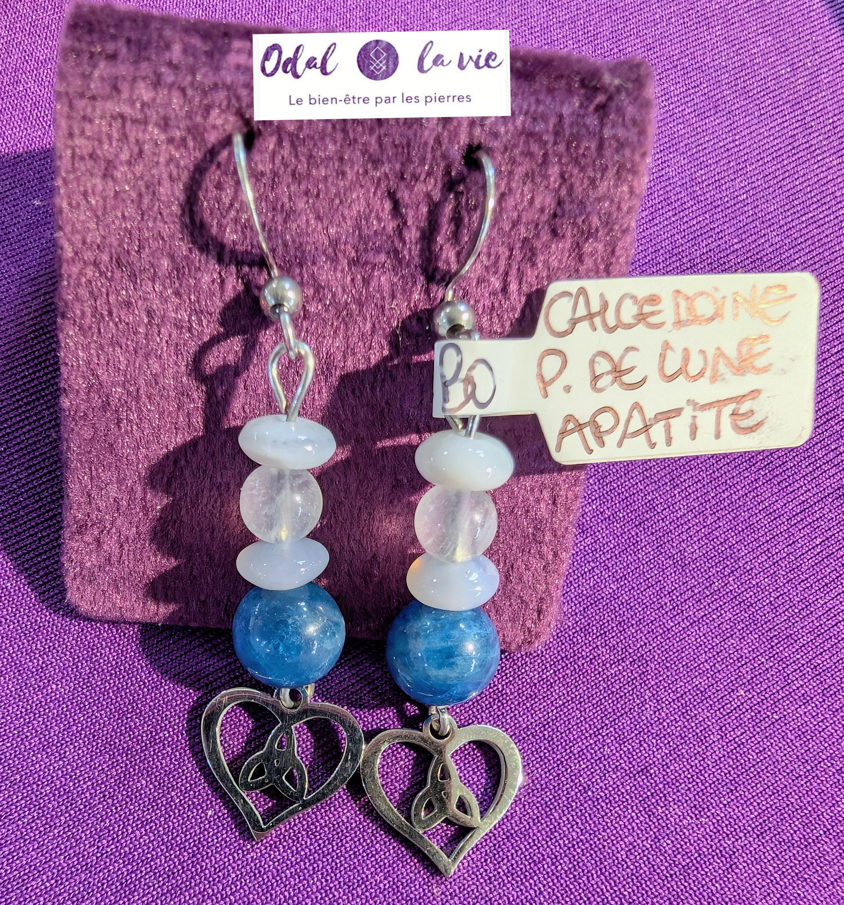 Boucles d'oreilles aigue marine, pierre de lune et apatite noeud celtique