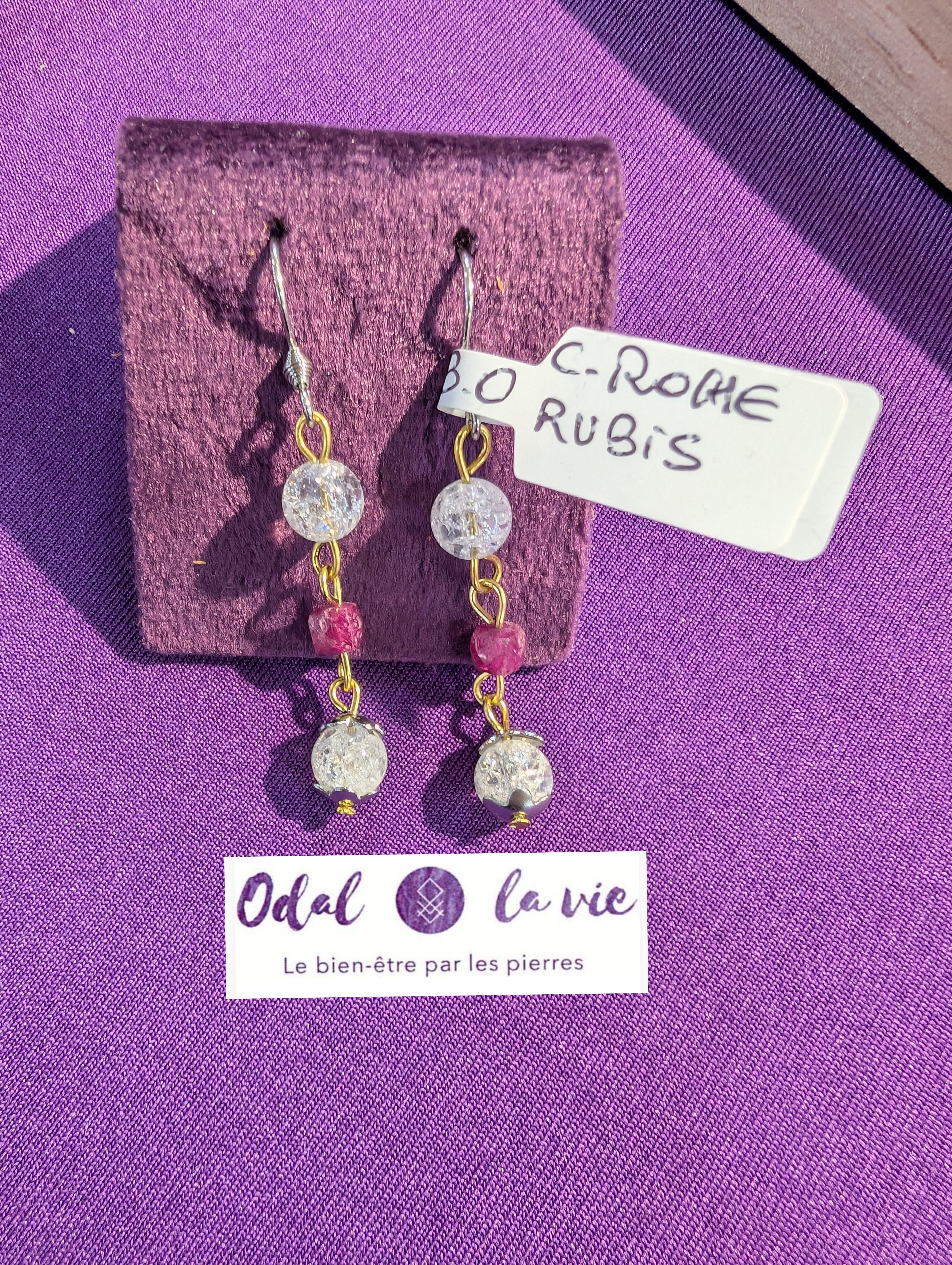 Boucles d'oreilles cristal de roche craquelé et rhodonite cube facettée