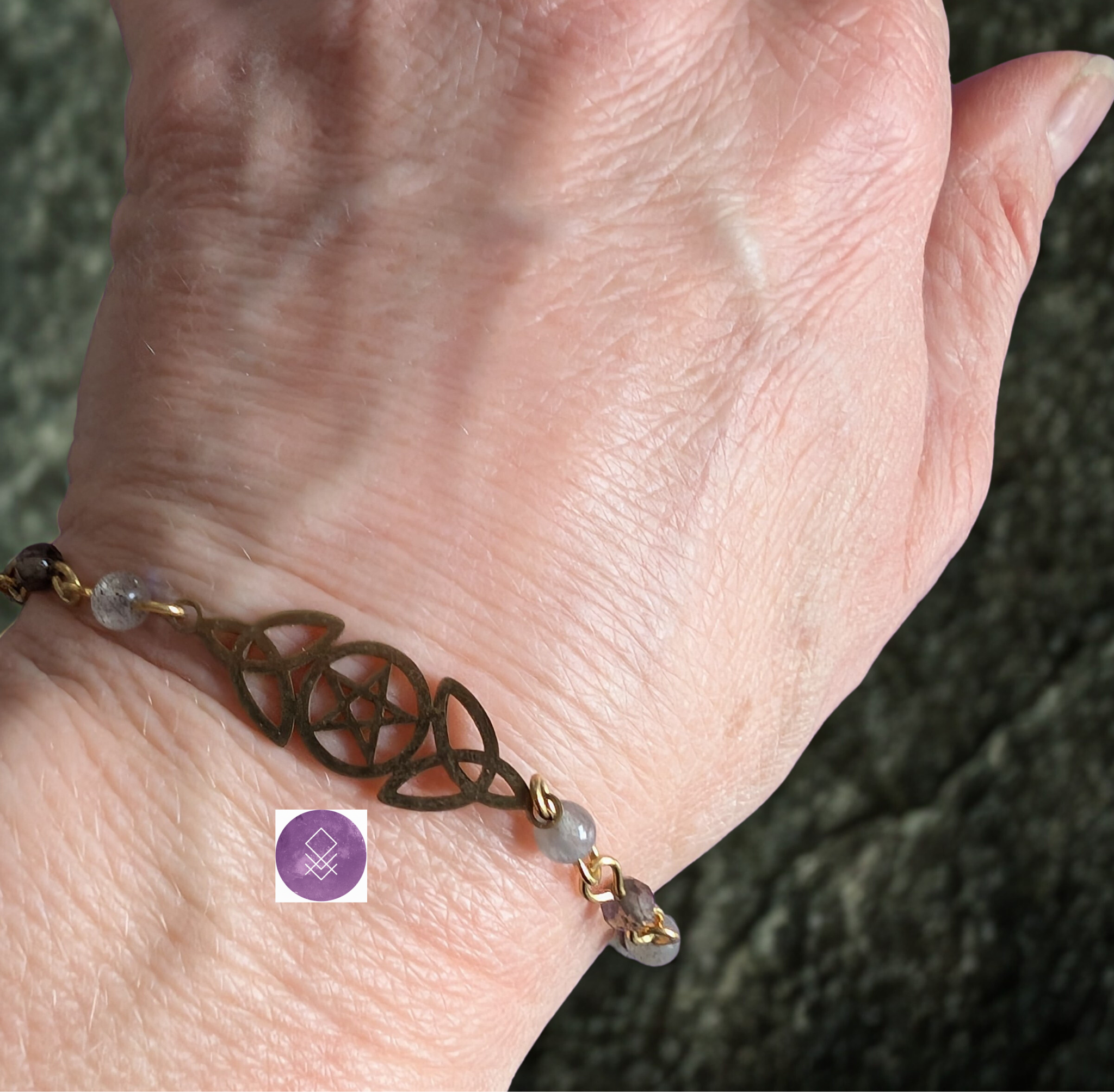 Bracelet Mystique Protection et Ancrage- Labradorite & Quartz Fumé - Triquetra & Pentagramme