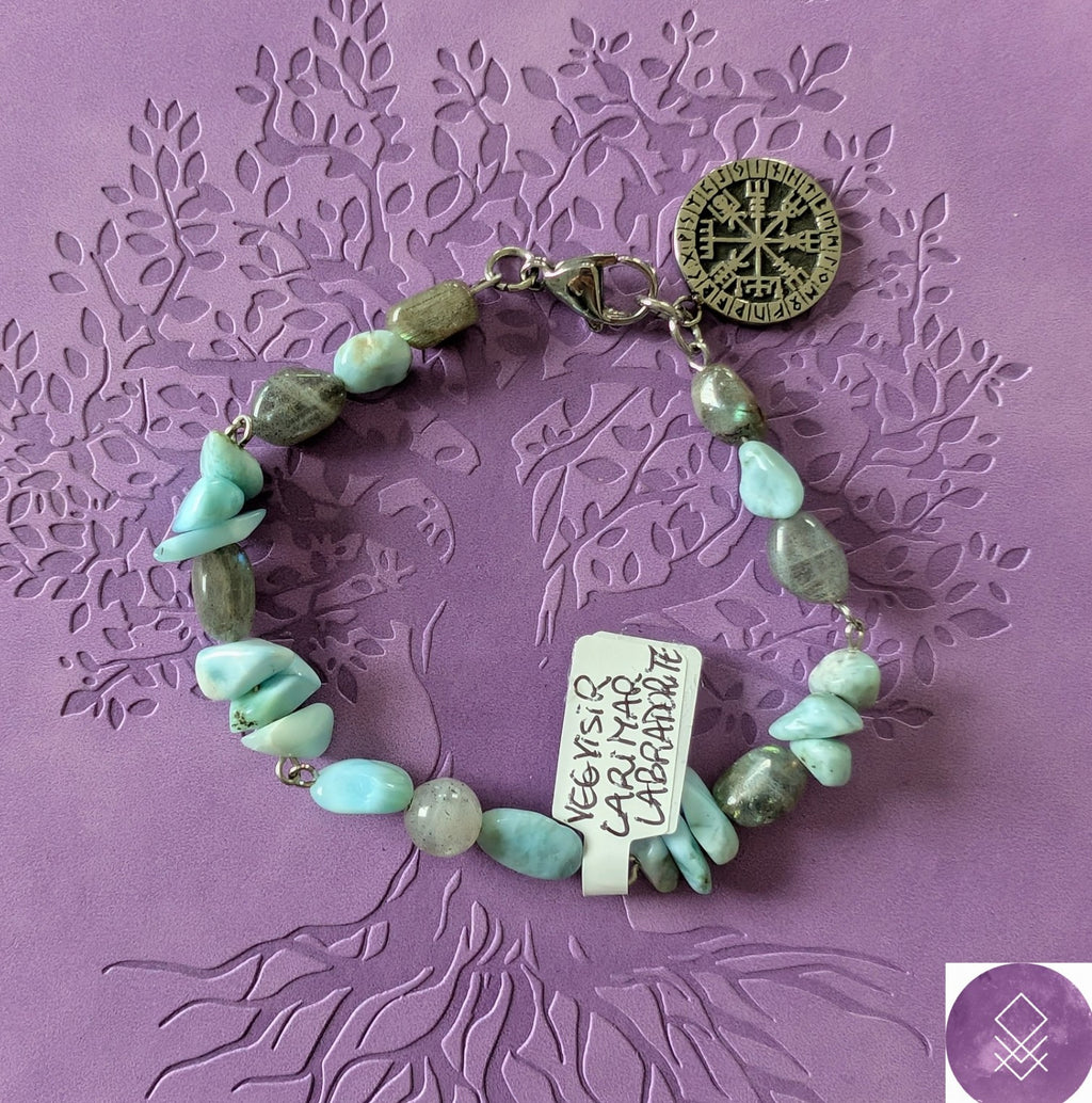 Bracelet mythologie nordique Odin Sagesse, en larimar, labradorite vegvisir
