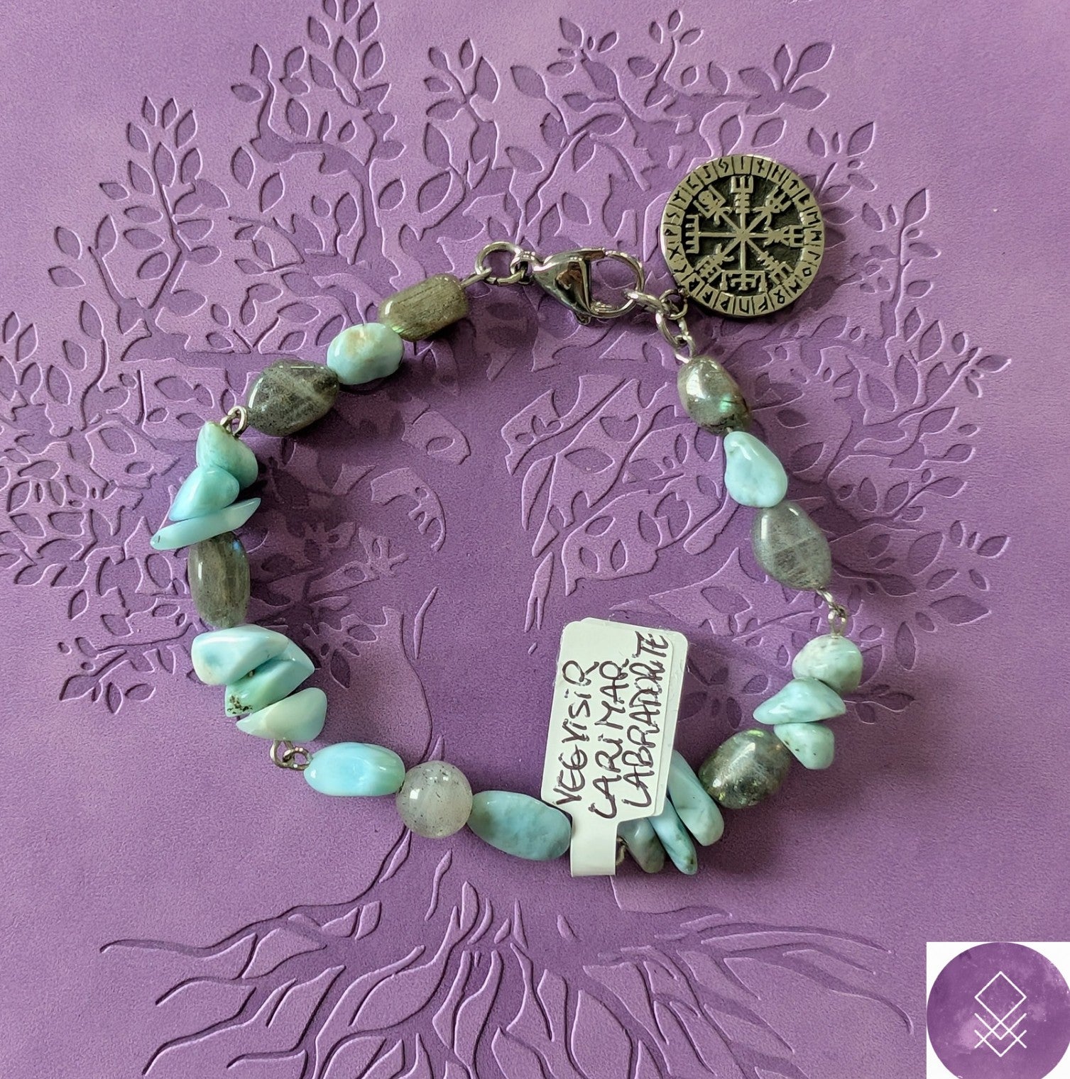 Bracelet mythologie nordique Odin Sagesse, en larimar, labradorite vegvisir