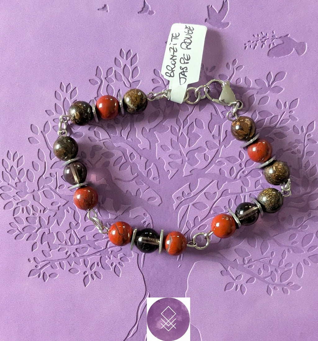 Bracelet Thor puissance, confiance en jaspe rouge et bronzite