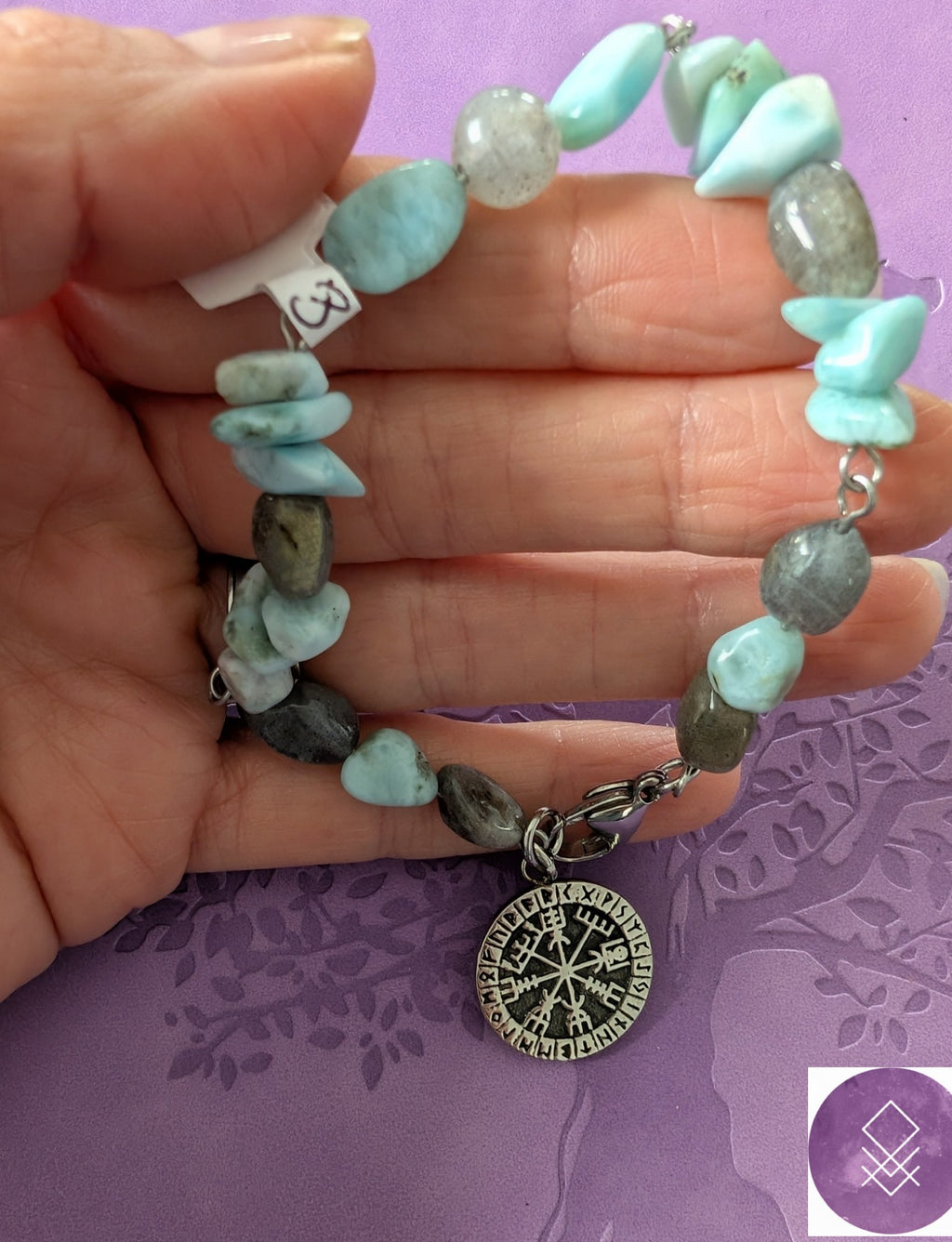 Bracelet mythologie nordique Odin Sagesse, en larimar, labradorite vegvisir