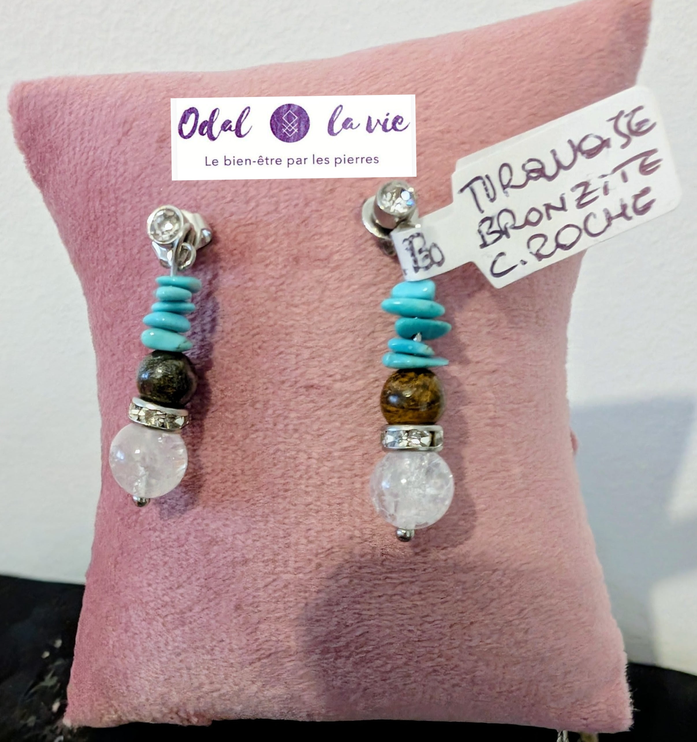 Boucles d'oreilles turquoise bronzite et cristal de roche craquelé