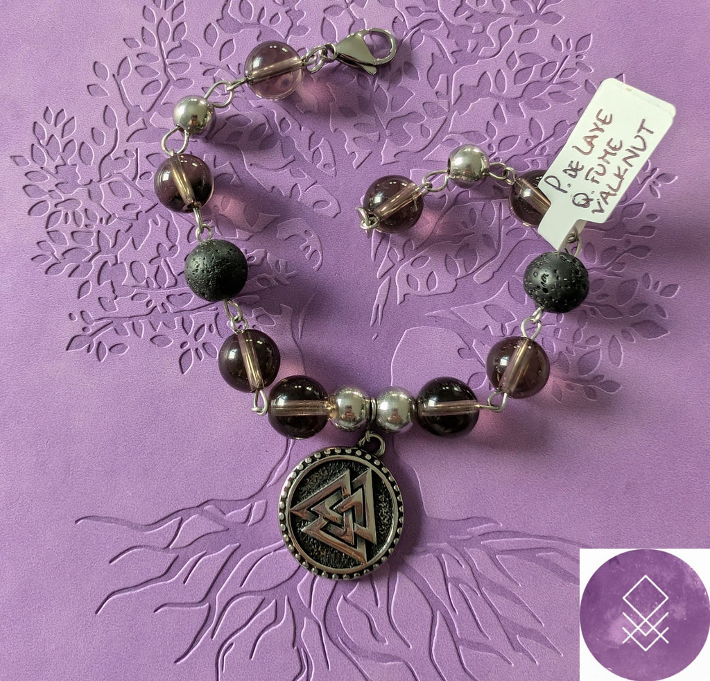Bracelet mythologie nordique, Odin Force du Valknut quartz fumé et pierre de lave
