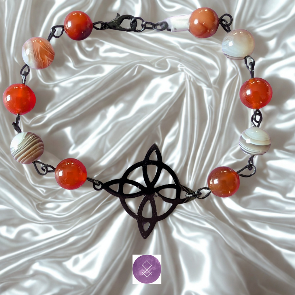 Bracelet vitalité recentrage en cornaline et agate du bostwana, noeud Wicca.