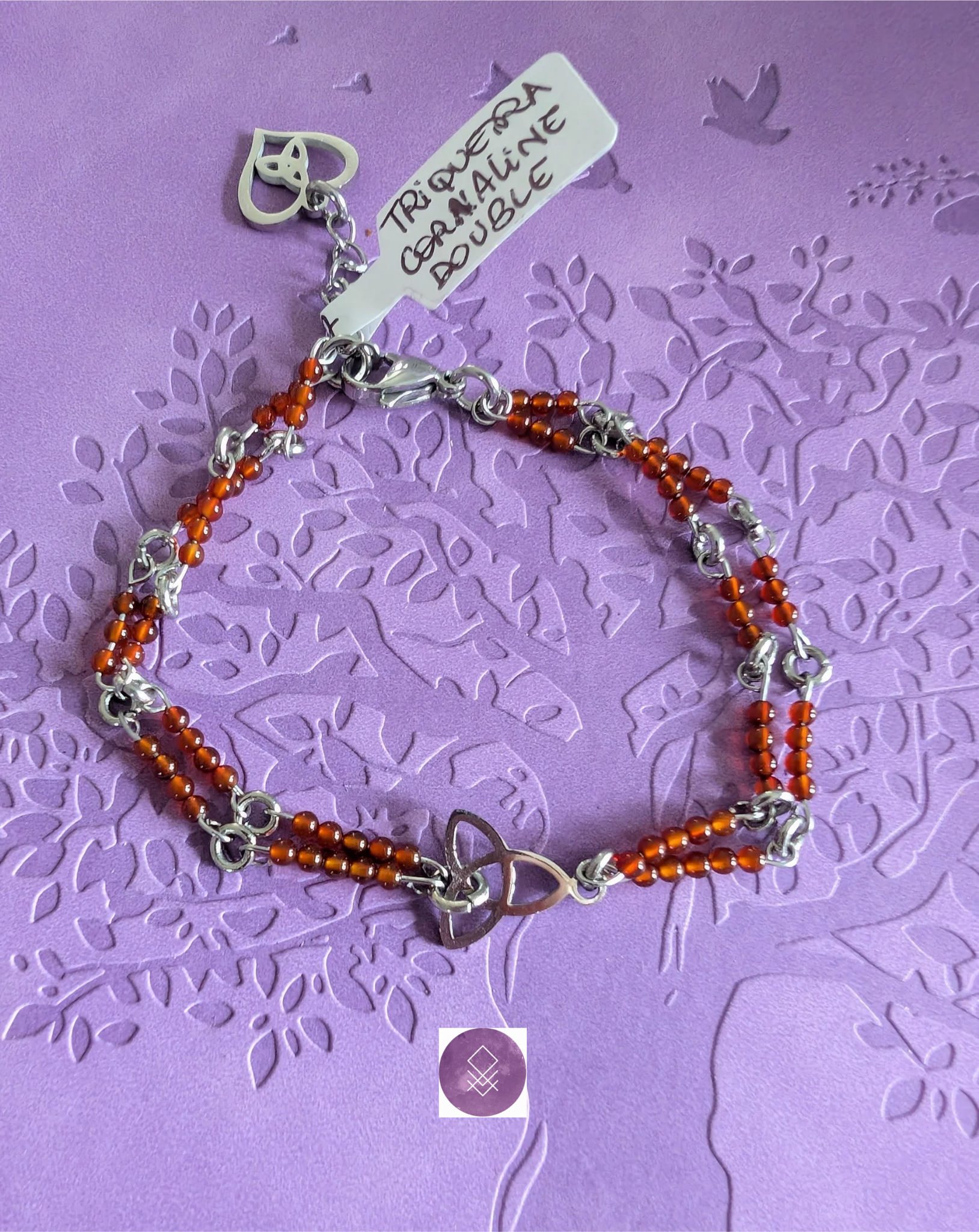 Bracelet Double Cornaline - vitalité et détermination. Symbole triquetra.