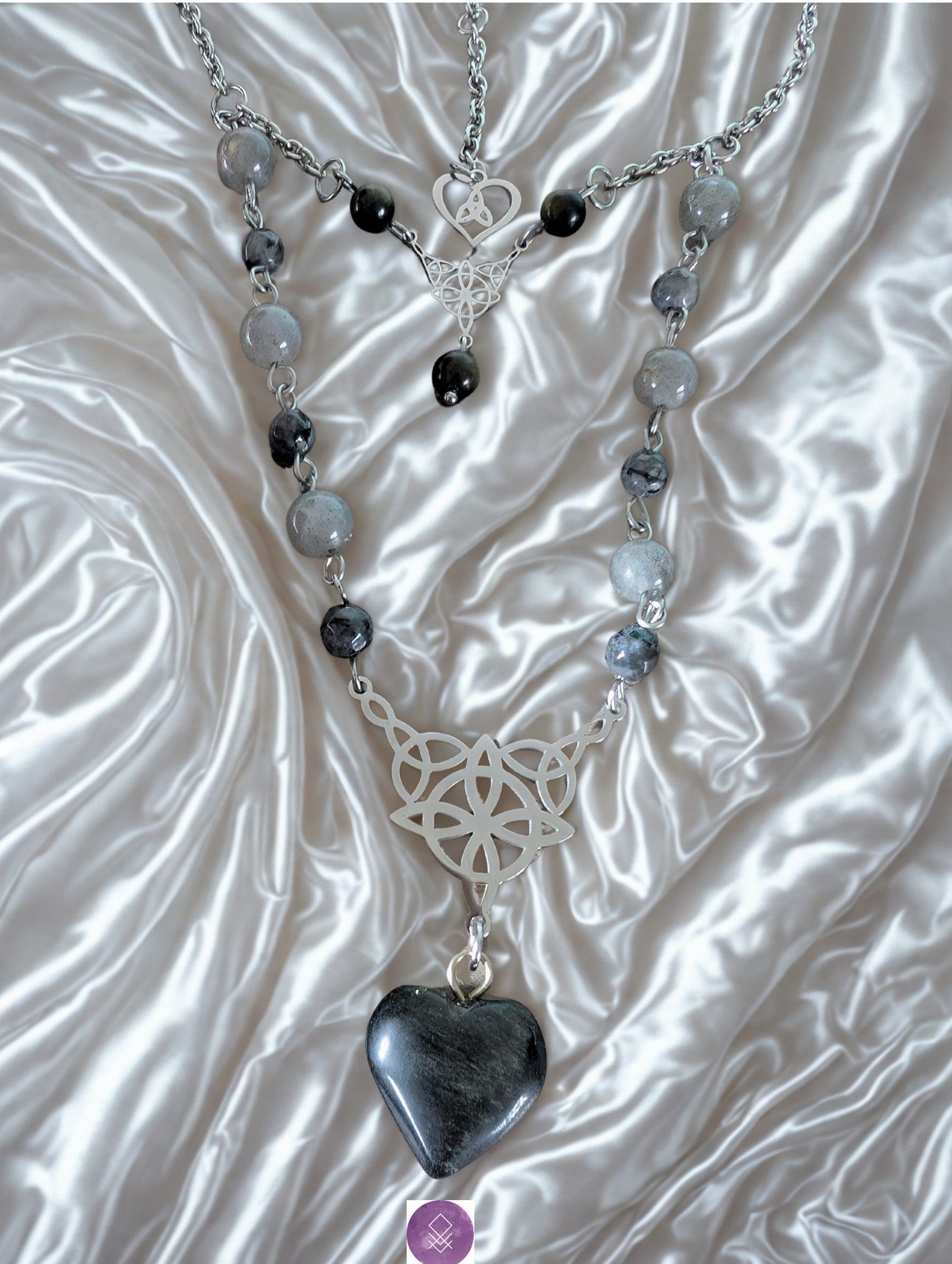 Sautoir protection et ancrage en pierres de labradorite, larvikite et obsidienne dorée