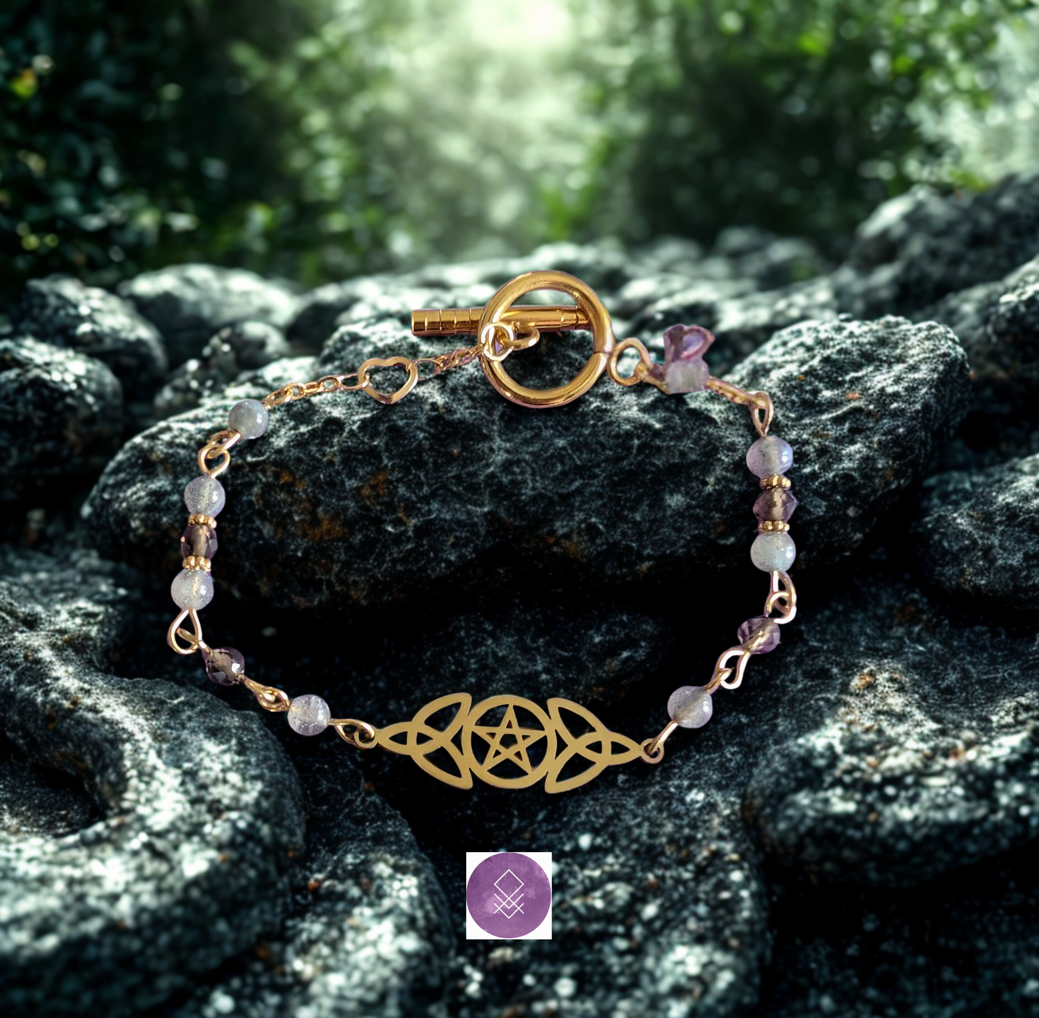 Bracelet Mystique Protection et Ancrage- Labradorite & Quartz Fumé - Triquetra & Pentagramme