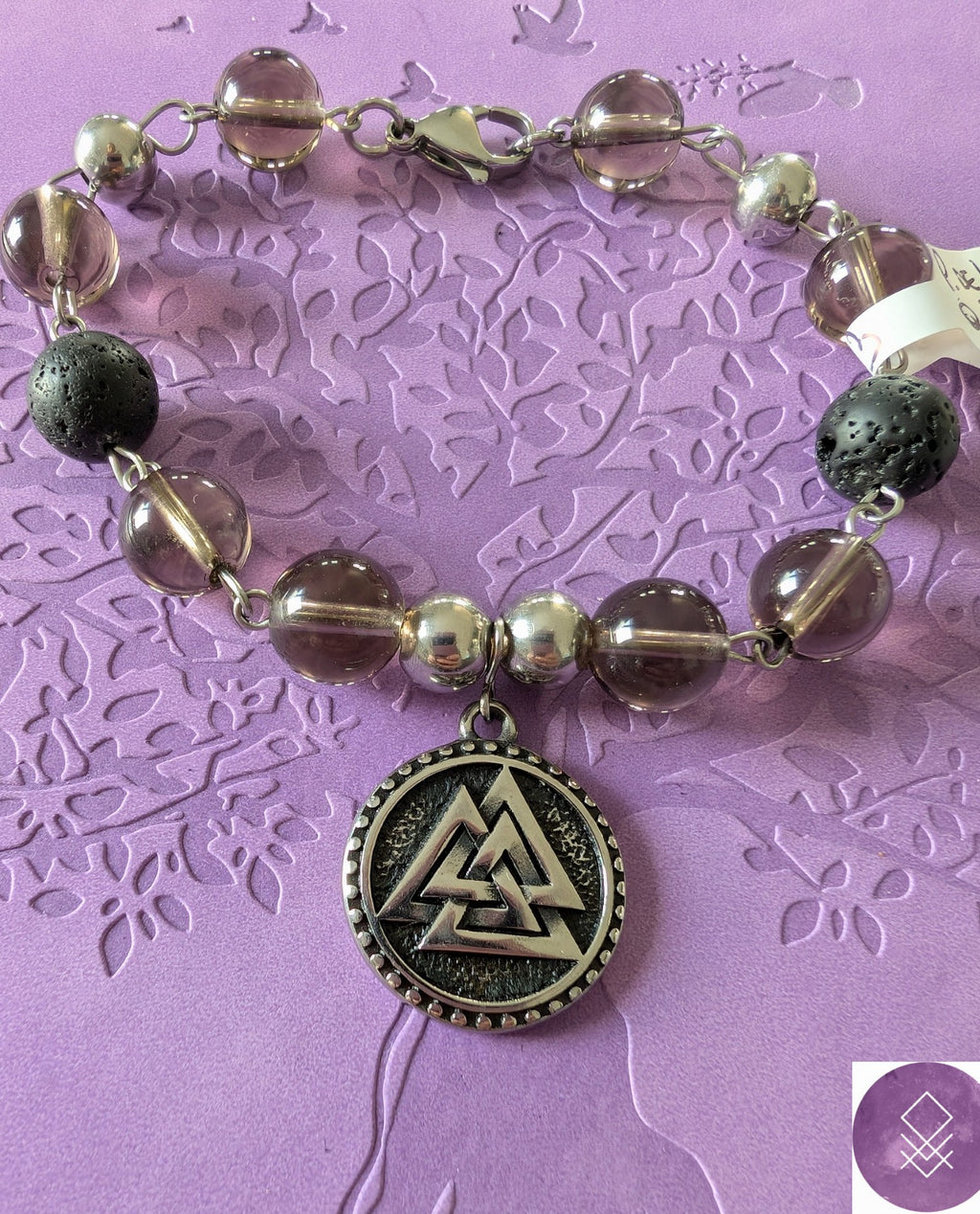 Bracelet mythologie nordique, Odin Force du Valknut quartz fumé et pierre de lave