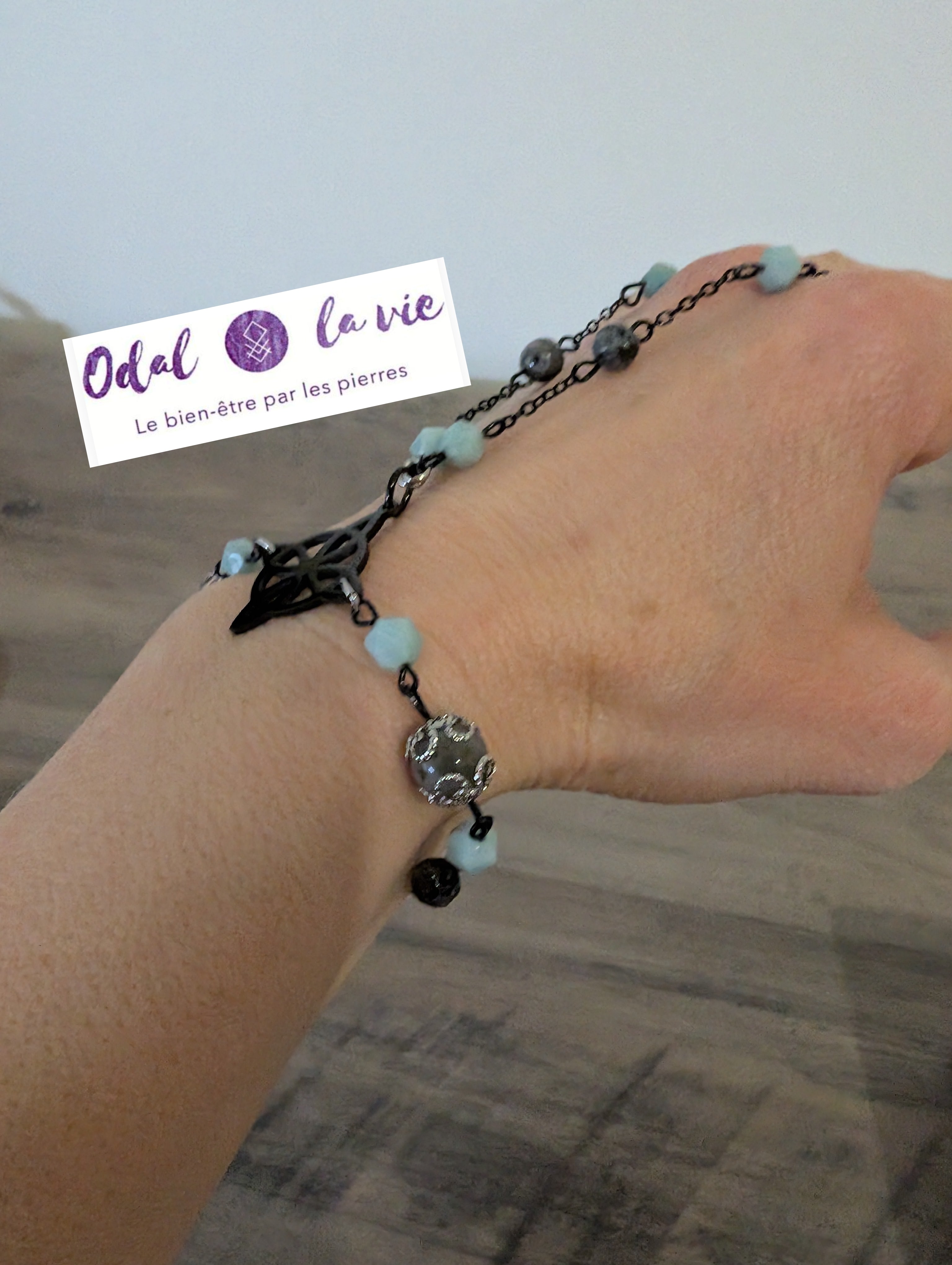 Bracelet de doigt Amazonite, labradorite, larvikite et noeud de sorcière