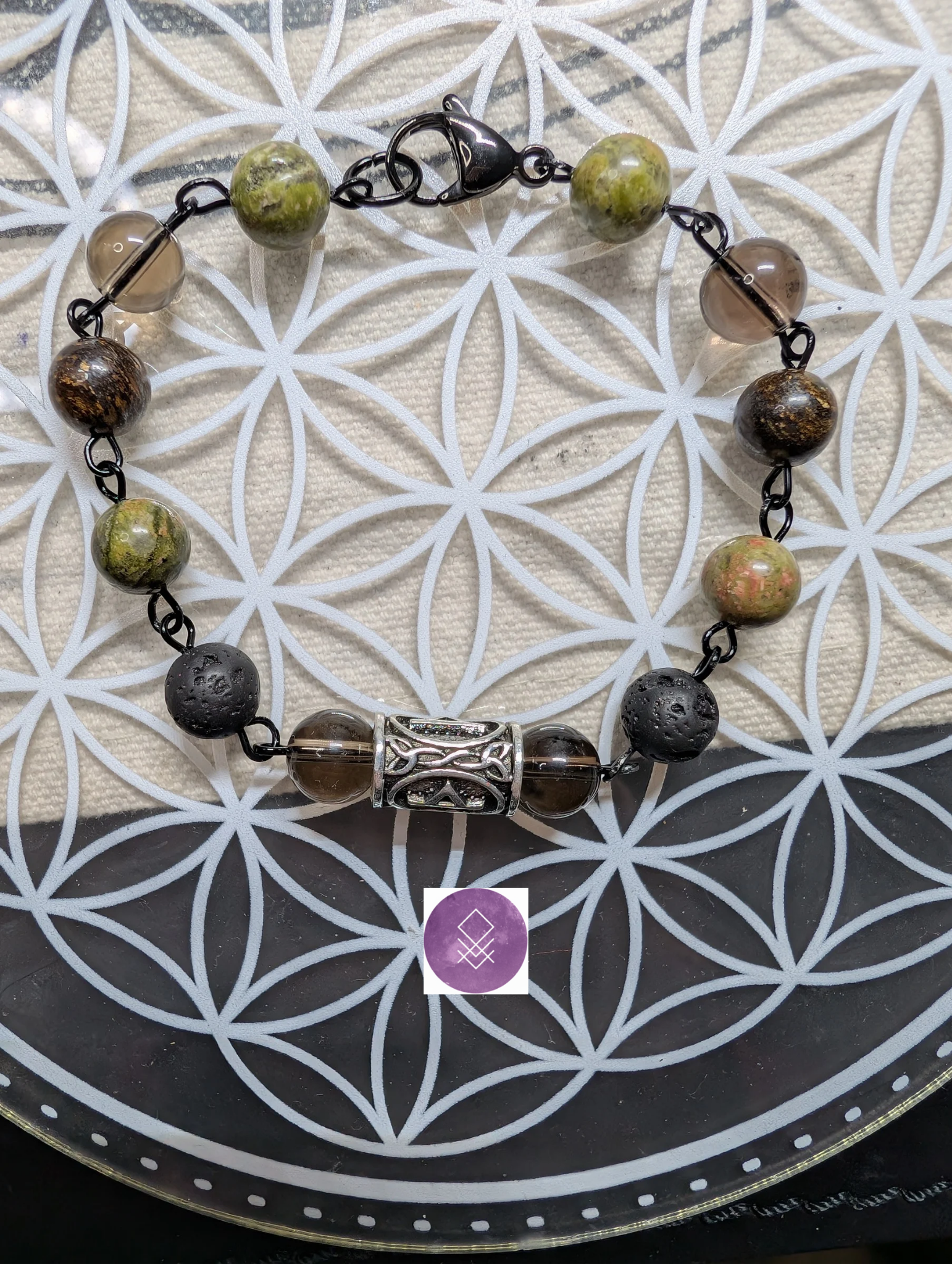 Bracelet Thurisaz - Force et Protection en Quartz Fumé, Bronzite et Pierre de Lave